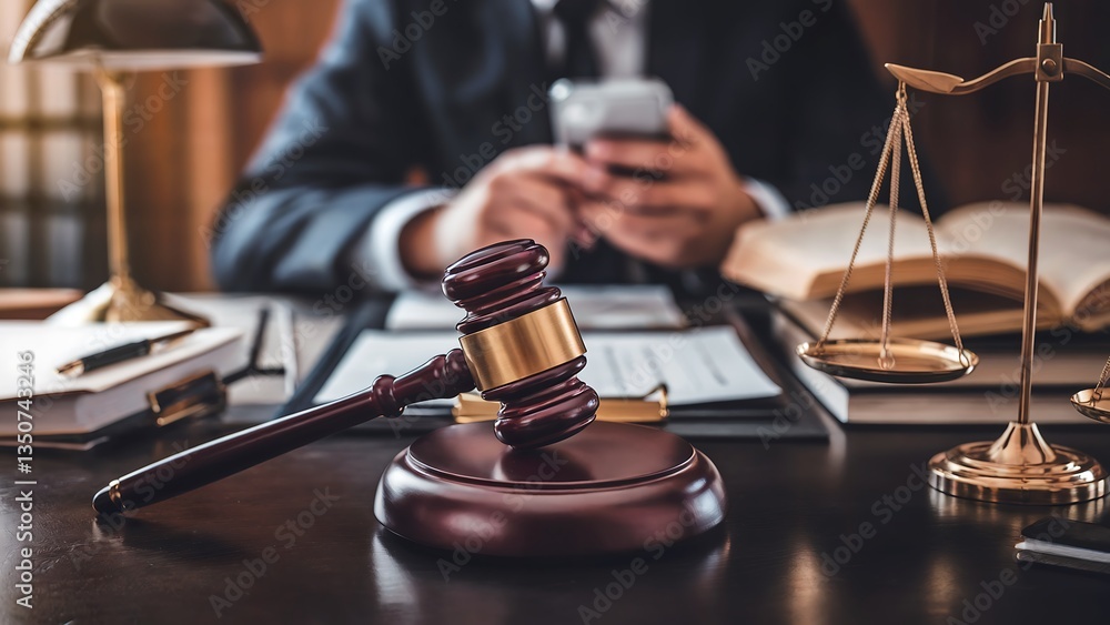 Judge's gavel and scales of justice in a courtroom setting Judge's gavel and scales of justice in a courtroom setting