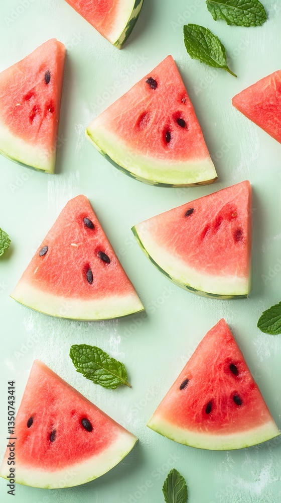 Refreshing Watermelon Slices with Mint Leaves Summer Food Photography Refreshing Watermelon Slices with Mint Leaves Summer Food Photography