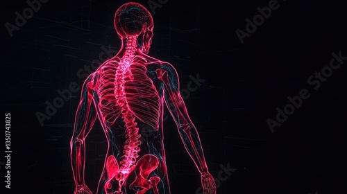 A futuristic X-ray style image of a human body, glowing red skeletal system visible through a semi-transparent body, realistic anatomy, high-detail 