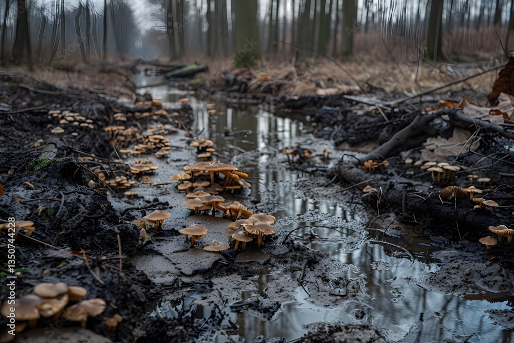Autumnal Forest Scene with Wild Mushrooms in Muddy Stream Autumnal Forest Scene with Wild Mushrooms in Muddy Stream