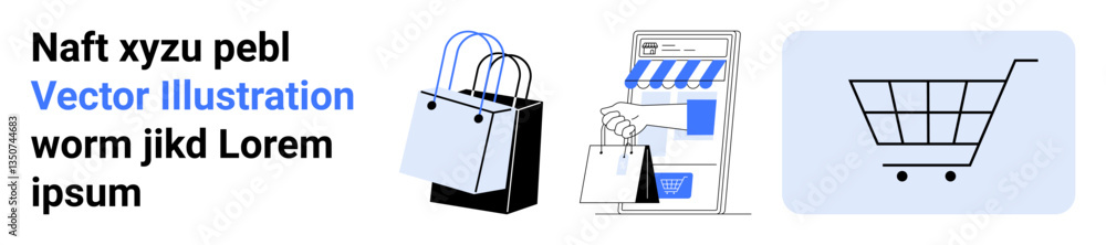 Shopping bags, storefront with awning, and shopping cart icon symbolize e-commerce, online shopping, consumerism, retail, marketing, business growth. Ideal for marketing materials e-commerce app Shopping bags, storefront with awning, and shopping cart icon symbolize e-commerce, online shopping, consumerism, retail, marketing, business growth. Ideal for marketing materials e-commerce app