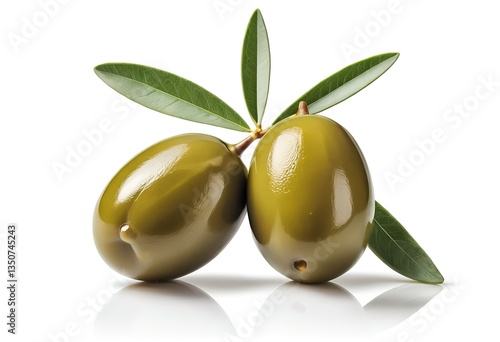 Two Green Olives with Leaves