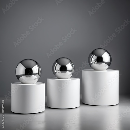 Three Silver Metal Spheres on White Cylinders