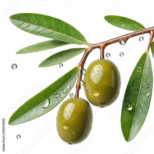 Fresh Green Olives on Branch with Water Droplets