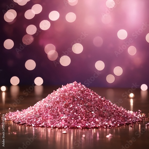 Pink Glitter Pile on Dark Background with Bokeh Lights