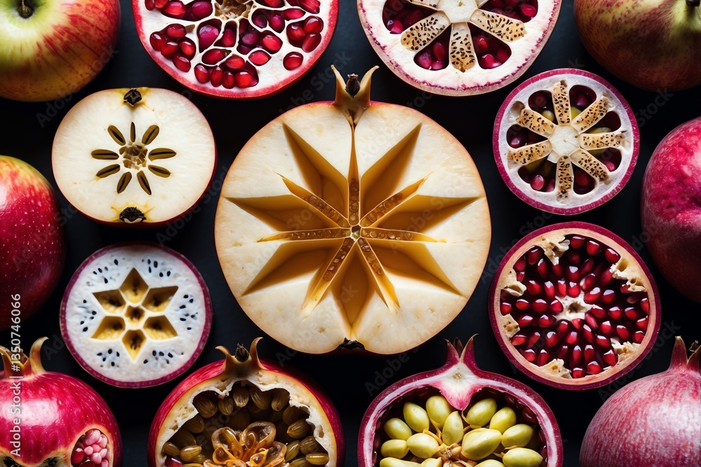 Arrangement of Sliced Apples and Pomegranates Showing Star Design Arrangement of Sliced Apples and Pomegranates Showing Star Design