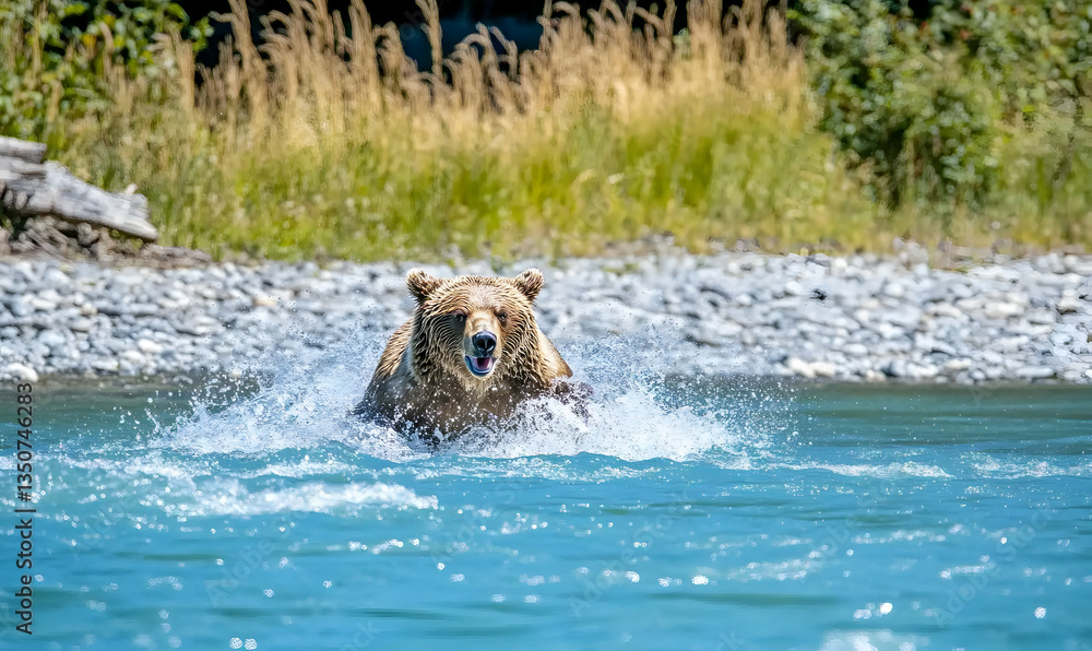 Fototapeta premium Grizzly bear powerfully running through a pristine river, splashing water. Stunning wildlife photography.