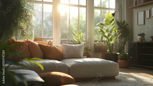 A brightly lit living room filled with natural plants and soft furniture