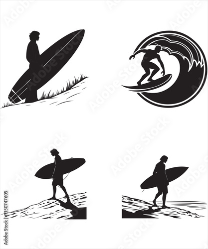 Silhouette Illustration of Surfers at the Beach
