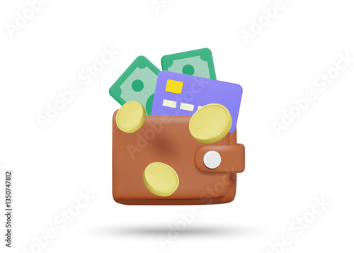 3D illustration vector render icon of wallet, banknotes, credit card, and coins. Concept of finance, spending and asset management, storage, digital transaction isolated on white background.