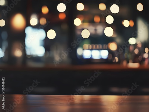 Wooden Table Top in Blurred Cafe Restaurant with Bokeh Lights Background