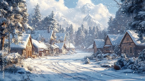Wallpaper Mural A snowy winter village is situated amongst the snowcovered mountains Torontodigital.ca