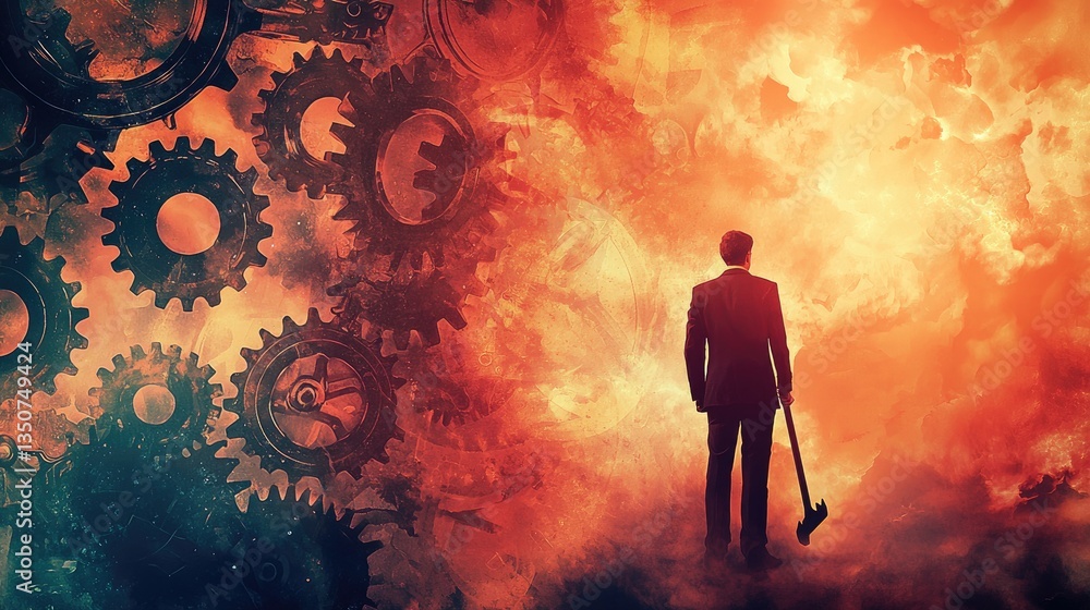A man in a suit holding a large 3-foot wrench stands on the right side of the screen, facing away from us. He is looking at large gears made of gears, A man in a suit holding a large 3-foot wrench stands on the right side of the screen, facing away from us. He is looking at large gears made of gears,