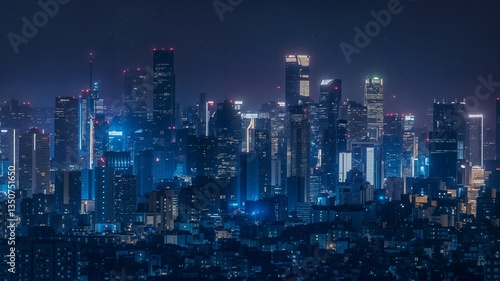 Vibrant Nighttime Cityscape with Illuminated Skyscrapers photo