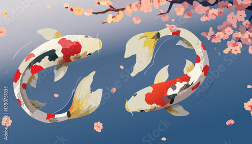 Two colorful koi fish swimming under cherry blossom trees in Japanese vector art. Elegant koi fish with sakura petals, rippling water in flat illustration style. Red and white koi fish illustration
