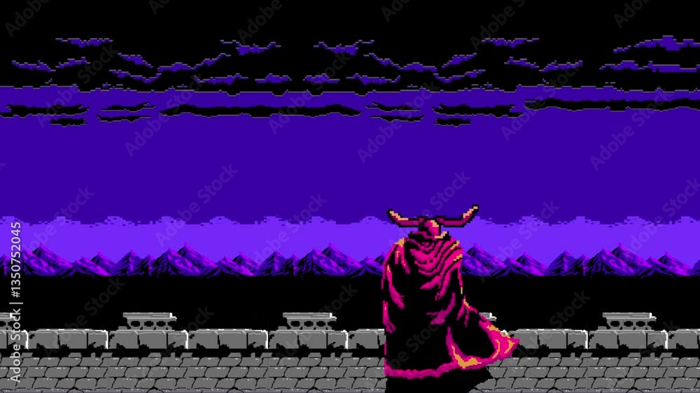 8-bit silhouette of an evil king looms atop his jagged, towering castle. Streaks of pixelated lightning slash through the stormy sky, illuminating his menacing cape