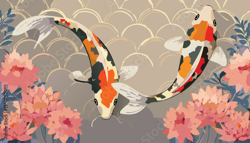 Colorful koi fish with lotus flowers in elegant flat vector Asian art style. Two koi fish swimming gracefully among pink lotus flowers in calm water. Twin koi fish vector design with lotus blossoms