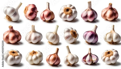 Collection of Fresh Garlic Bulbs Isolated on White Background
