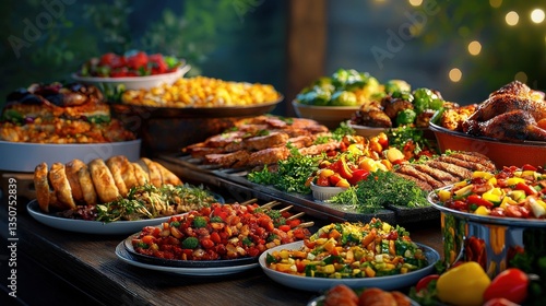 A delicious food spread for a festive party gathering! The buffet table is overflowing with plates of amazing dishes for a grand feast.