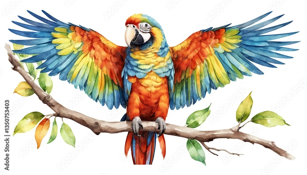 Fototapeta premium Vibrant Macaw on Branch with Spread Wings