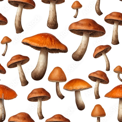Seamless Pattern of Orange Mushrooms on White Background