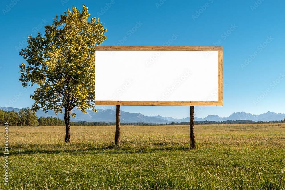 In the outdoors, a billboard stands empty: a blank sign offering advertising space. The field of nature awaits a powerful message, a future advertisement. In the outdoors, a billboard stands empty: a blank sign offering advertising space. The field of nature awaits a powerful message, a future advertisement.