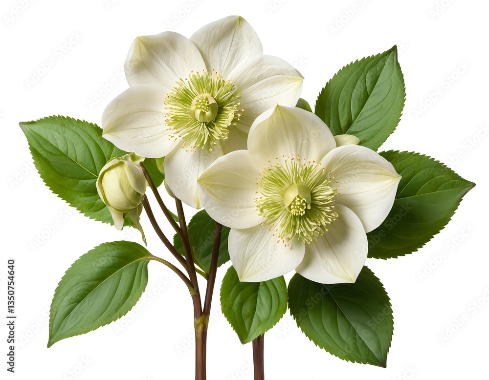 Fototapeta premium Elegant White Hellebore Flowers with Green Leaves