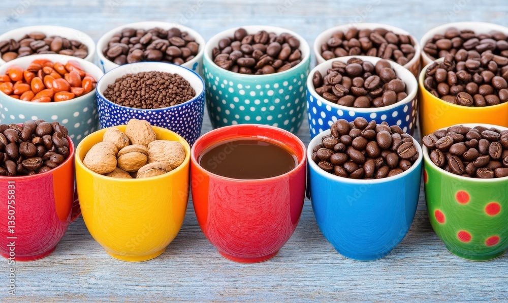 Colorful Display of Different Coffee Beans and Nuts in Cups on a Wooden Table, Showcasing a Variety of Flavors and Textures of Coffee Products Colorful Display of Different Coffee Beans and Nuts in Cups on a Wooden Table, Showcasing a Variety of Flavors and Textures of Coffee Products