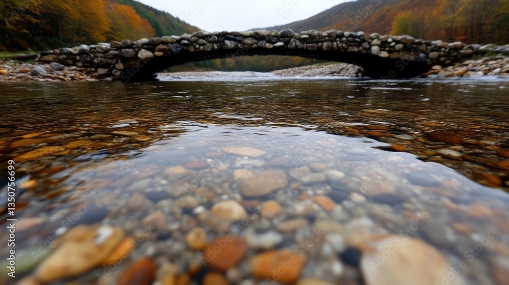 Obraz premium Clear river flowing under ancient stone arch bridge. Autumn foliage beyond
