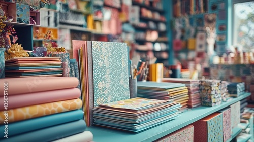 Vintage stationery shop, paper, colorful books, fabric, and display on shelves. This store offers vintage items, a colorful display of books and paper.