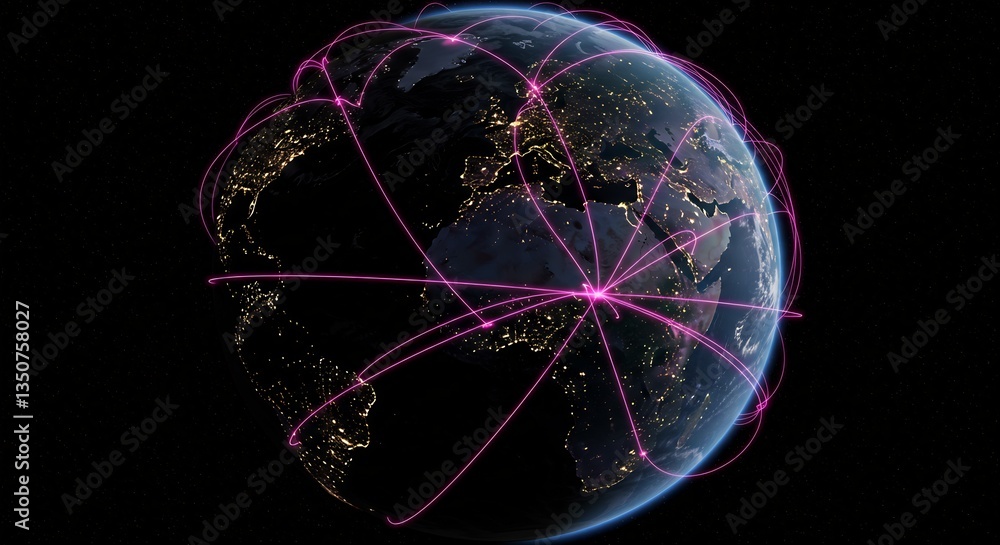 Global Network Connections: Illuminated Earth with Pink Data Streams Showing International Communication and Connectivity