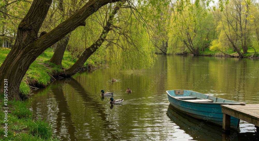 A scenic lakeside view with trees ducks and a small boat A scenic lakeside view with trees ducks and a small boat