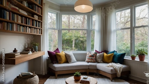 Cozy living room with a large window, bookshelf and comfortable sofa