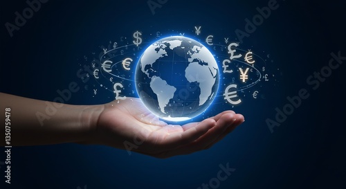 Global Finance and Currency Exchange: Hand Holding Illuminated Earth Globe with Floating Currency Symbols, Representing International Trade and Economic Interdependence