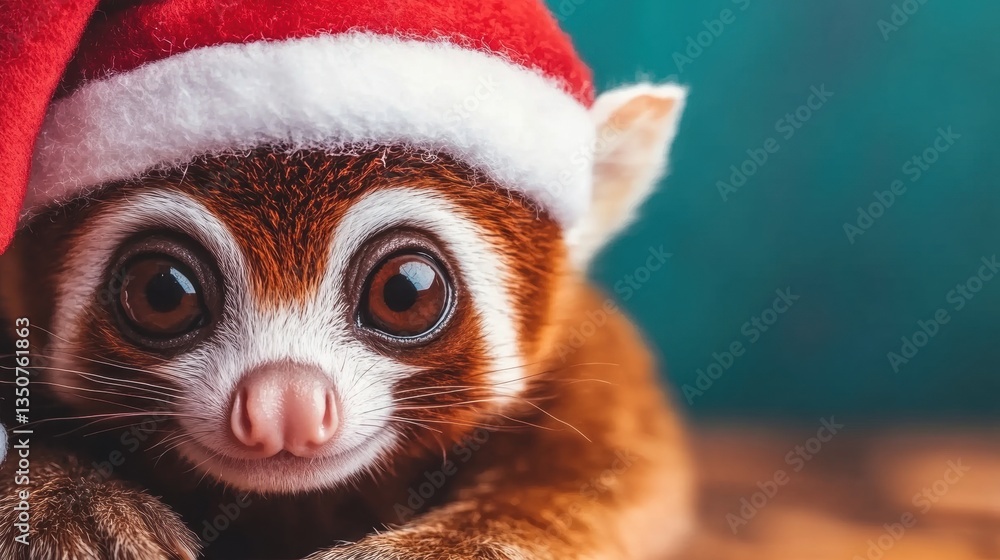 Obraz premium A sloth with large, expressive eyes dons a vibrant Santa hat, creating a delightful holiday atmosphere in a warm indoor environment