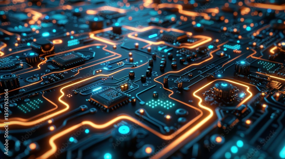 Computer chip with a blue and orange design Computer chip with a blue and orange design