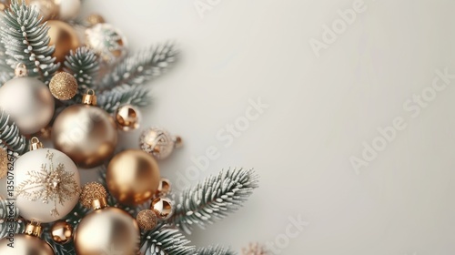White background with a gold and silver Christmas tree ornamented with gold