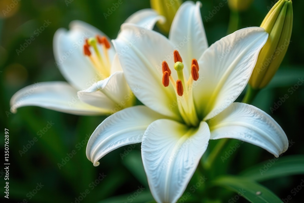 Close-up of pristine lilies, dew drops on petals, fragrant, plant, bloom Close-up of pristine lilies, dew drops on petals, fragrant, plant, bloom