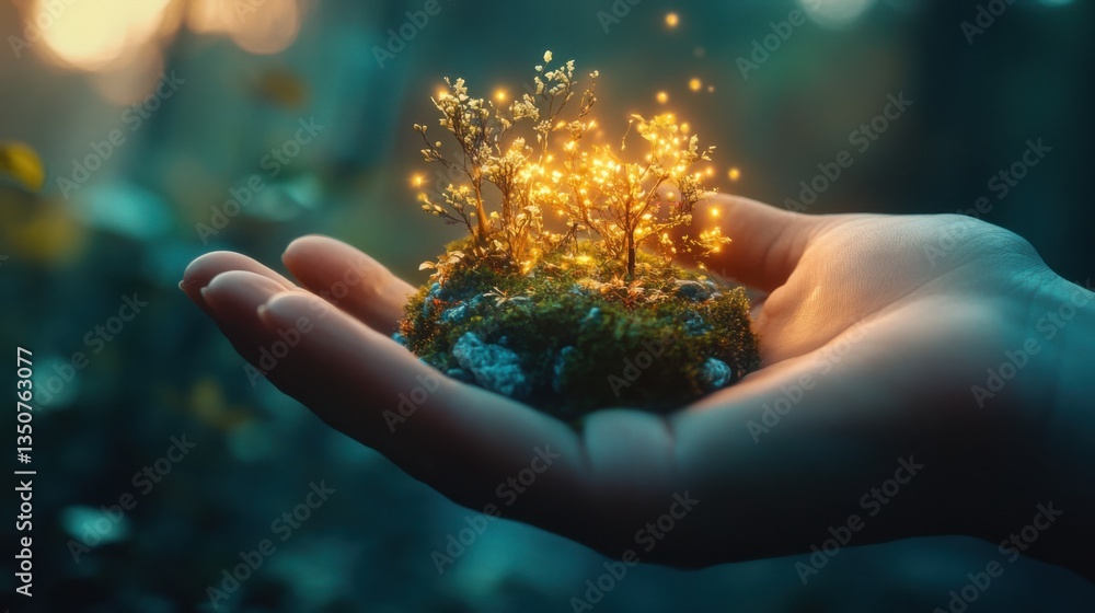 Fototapeta premium A hand holding glowing plants