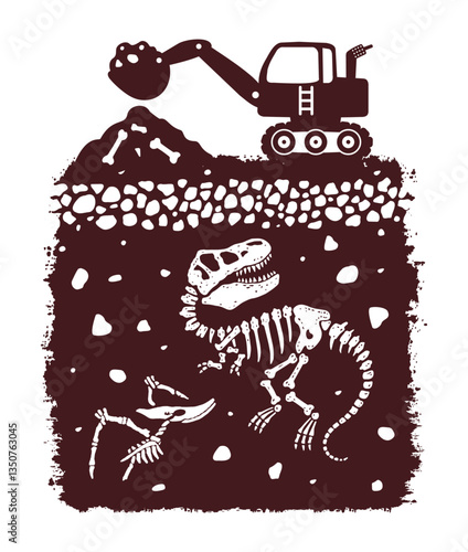 Illustration of accidental paleontological excavation. Art in childish and comical style.