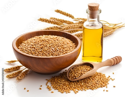 Wheat Germ Oil with Wheat Seeds in Wooden Bowl
