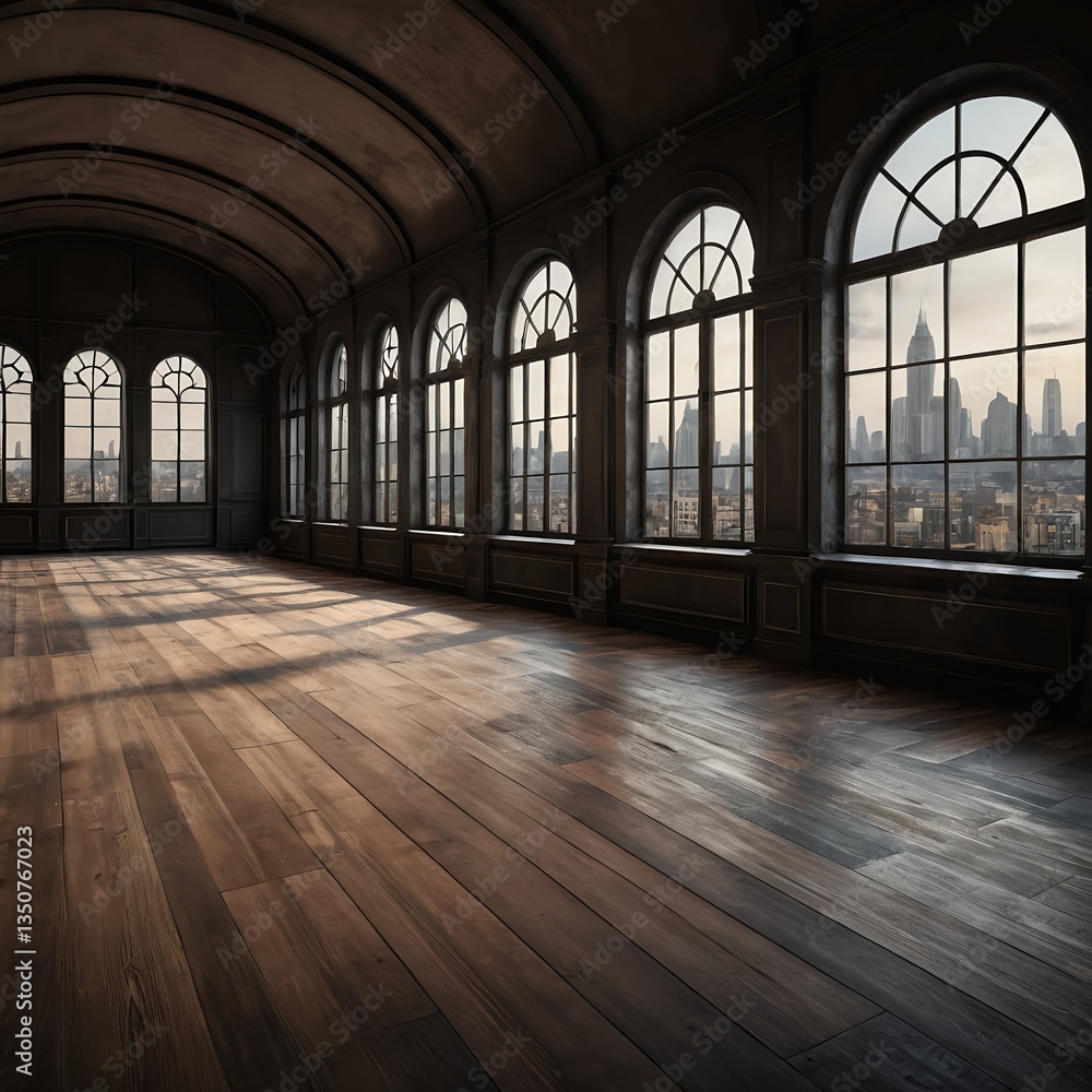 Naklejka premium Sunlit Empty Room with City View