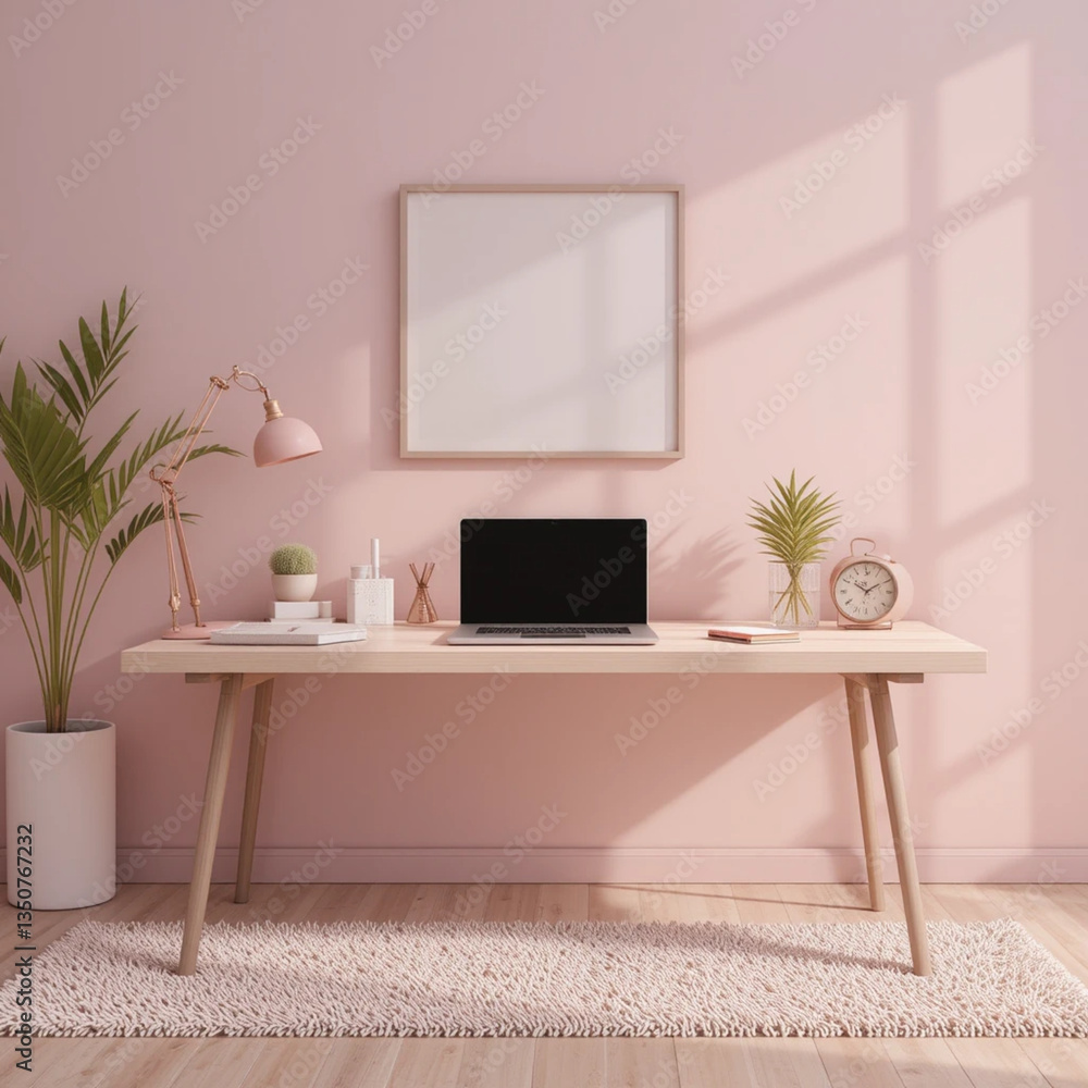 Fototapeta premium Home Office Desk Setup with Laptop, Plant and Clock in Pink Room