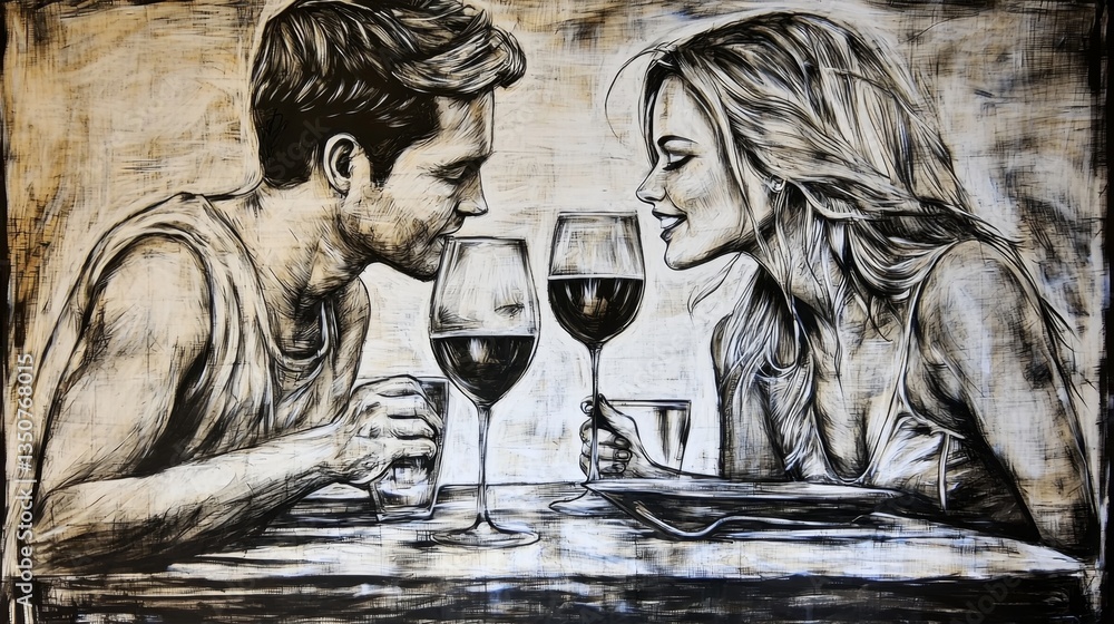 Romantic Dinner Scene with Couple Toasting Wine Glasses in Black and White Artwork