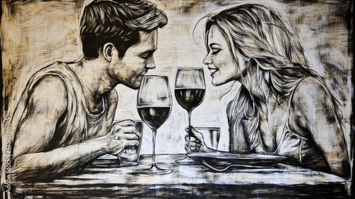 Obraz na płótnie Romantic Dinner Scene with Couple Toasting Wine Glasses in Black and White Artwork w salonie