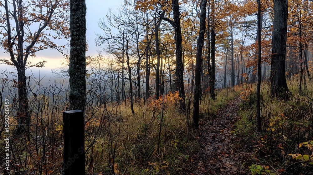 Fototapeta premium Autumn Sunrise Hike Misty Forest Trail.