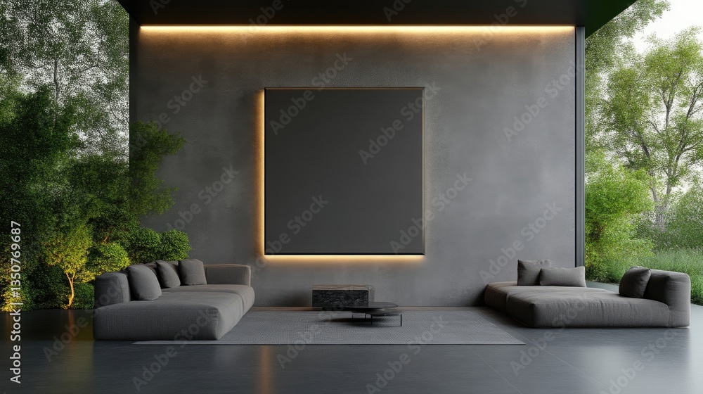 Fototapeta premium Blank square frame with warm backlighting hangs on a concrete wall in a minimalist luxury outdoor lounge surrounded by green trees.