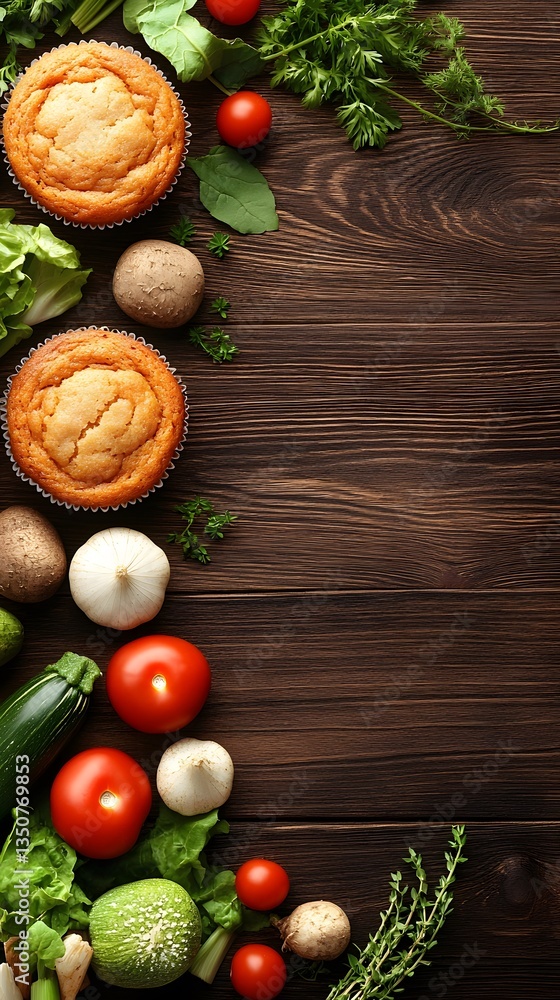 Delicious Muffins with Fresh Vegetables and Herbs on Wooden Background Delicious Muffins with Fresh Vegetables and Herbs on Wooden Background