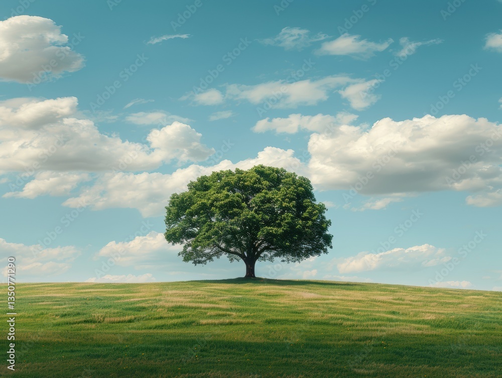Fototapeta premium Lone tree stands in a grassy field with a clear blue sky above