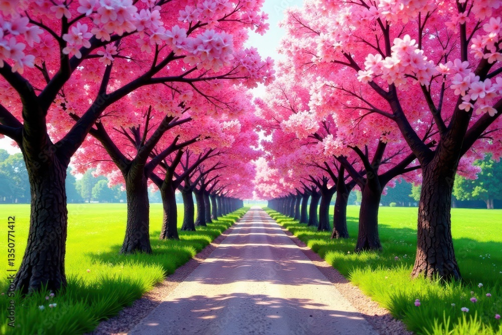 Obraz premium Narrow lane between rows of cherry trees in full bloom, orchard, spring time, path